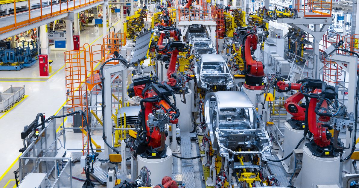An assembly line of cars in an automotive factory.