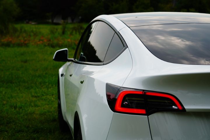 A rear-side view of a white Tesla parked on a grassy field, showcasing its sleek taillights and modern design.